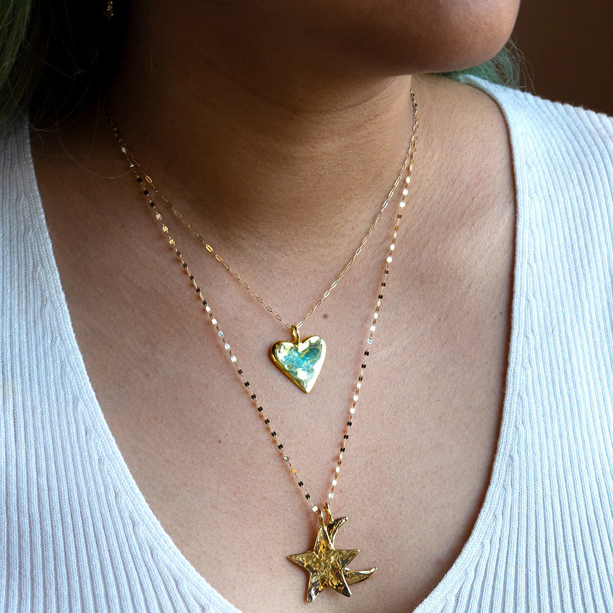 Elegant Gold Plated Brass Heart Moon Star Charm Bar Necklace for Women