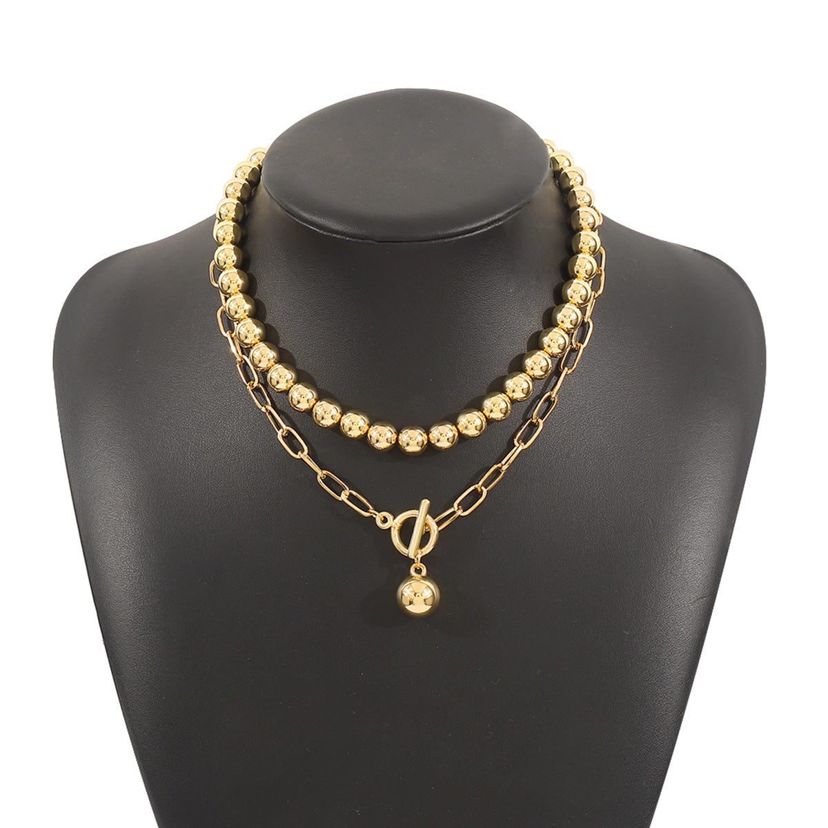 Conjunto de collar de aleación de cuentas redondas en capas de estilo geométrico con acabado chapado para uso unisex