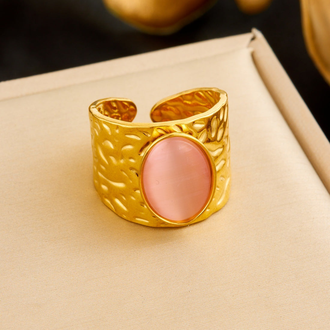 Vintage Gold Plated Stainless Steel Oval Geometric Gemstone Inlay Wide Band Ring