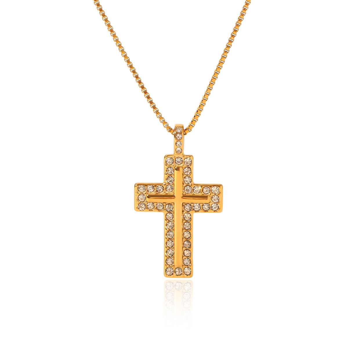 Trendy Geometric Cross Pendant Necklace 18K Gold Plated Stainless Steel Box Chain Rhinestone Inlay Women Jewelry