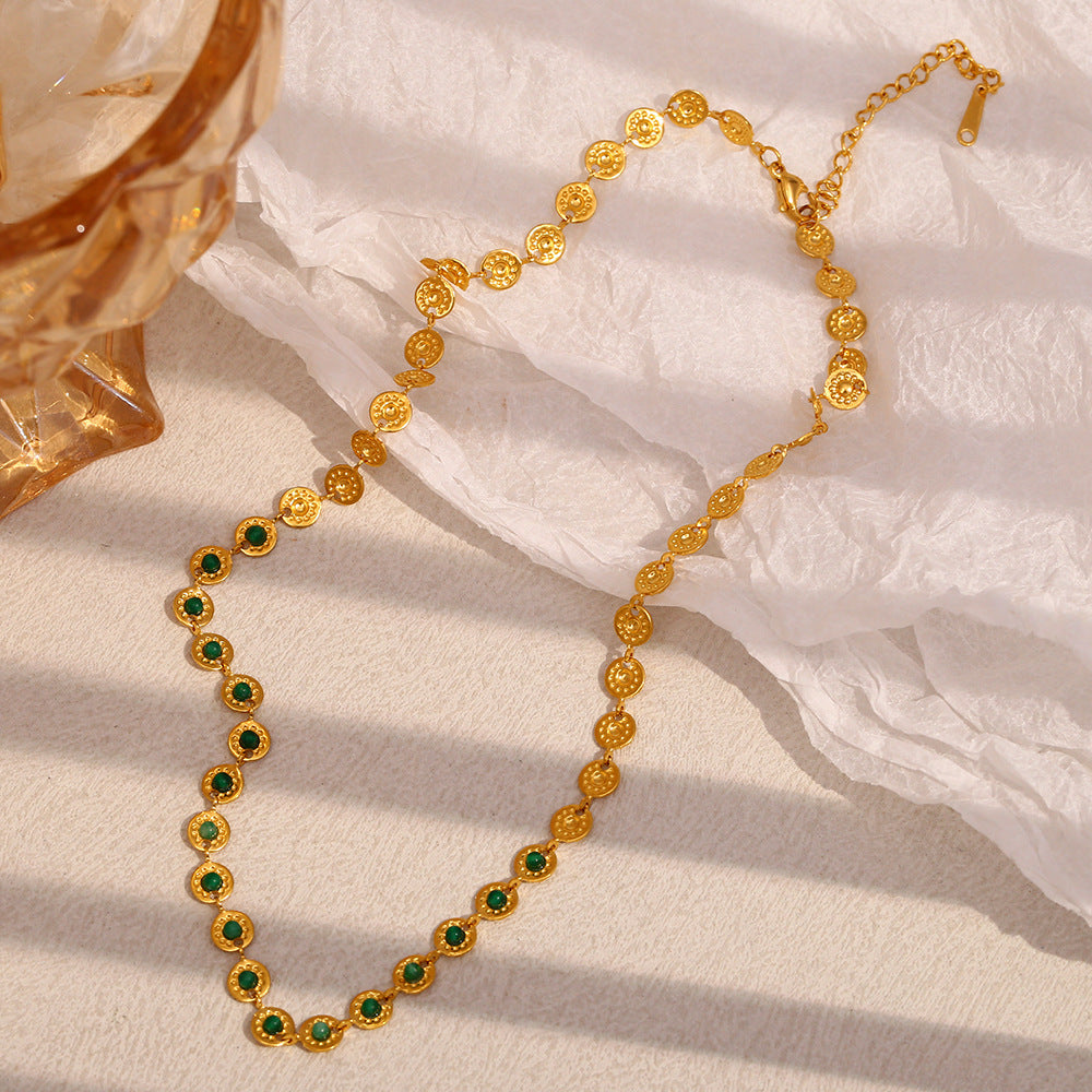 Vintage Chic Geometric Pendant Necklace for Women Stainless Steel with 18K Gold Plating and Green Stone Accent
