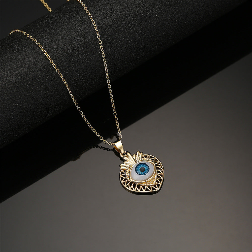 18K Gold Plated Brass Geometric Evil Eye Pendant Necklace with Cubic Zirconia Inlay on Cable Chain
