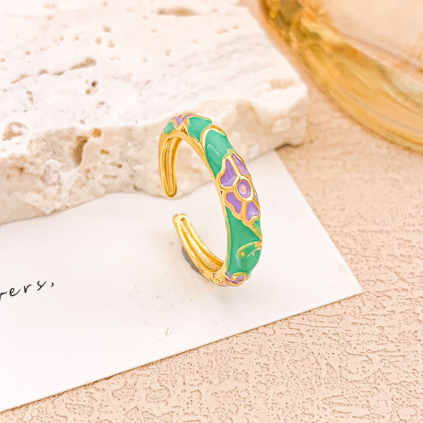 Vintage Sweet Floral Enamel Drip Oil Plated Alloy Adjustable Ring for Women