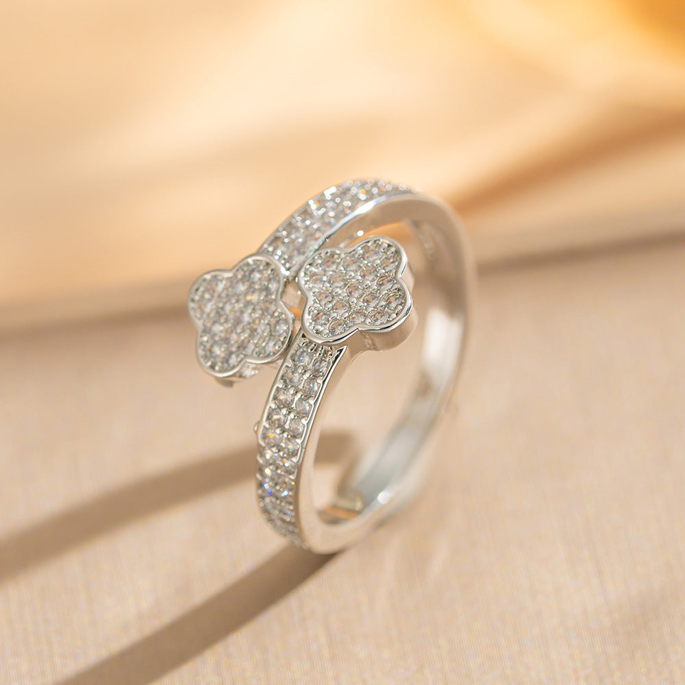 Luxury Minimalist Adjustable Open Ring for Women with Gold-Plated Copper Band and Zircon Stone Accent in Heart and Floral Shape