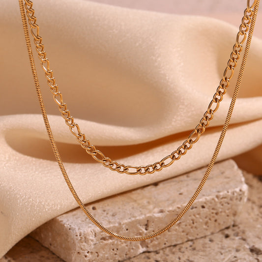 Minimalist Geometric Stainless Steel Plated 18K Gold Double-Layer Figaro Chain Necklace for Women