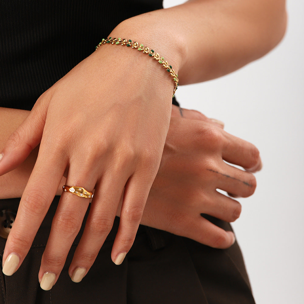 Fashionable 18K Gold Plated Green Enamel Olive Leaf Geometric Stainless Steel Bracelet for Women