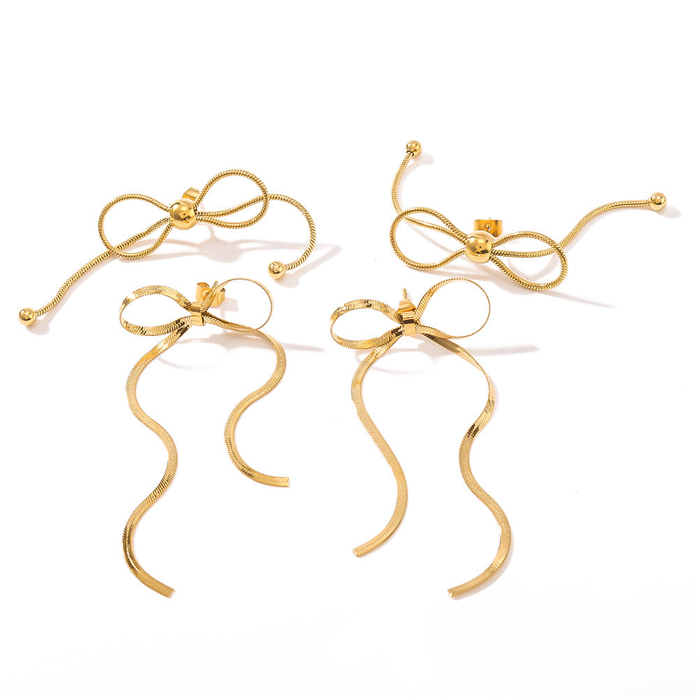Fashion Bow-Shaped Stainless Steel Earrings with Tassel Detail and 18K Gold Plating for Women