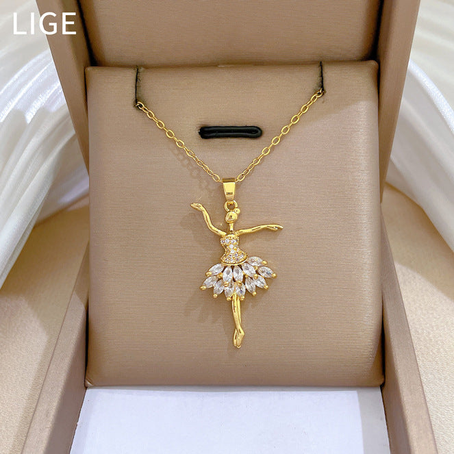 Elegante collana da ballo di danza classica per donna con strass completi su catena in acciaio al titanio, design geometrico, stile medaglione minimalista