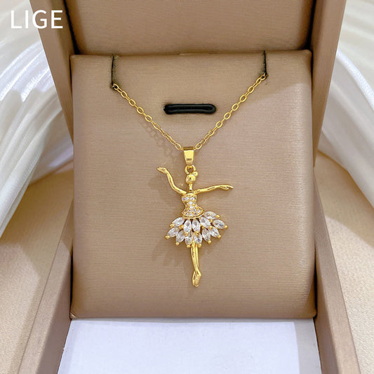 Elegant Ballet Dance Necklace for Women with Full Rhinestone Accents on Titanium Steel Chain Geometric Design Minimalist Locket Style