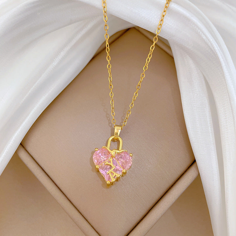 Sweet Pink Heart Rhinestone Titanium Steel Necklace Unisex Cable Chain