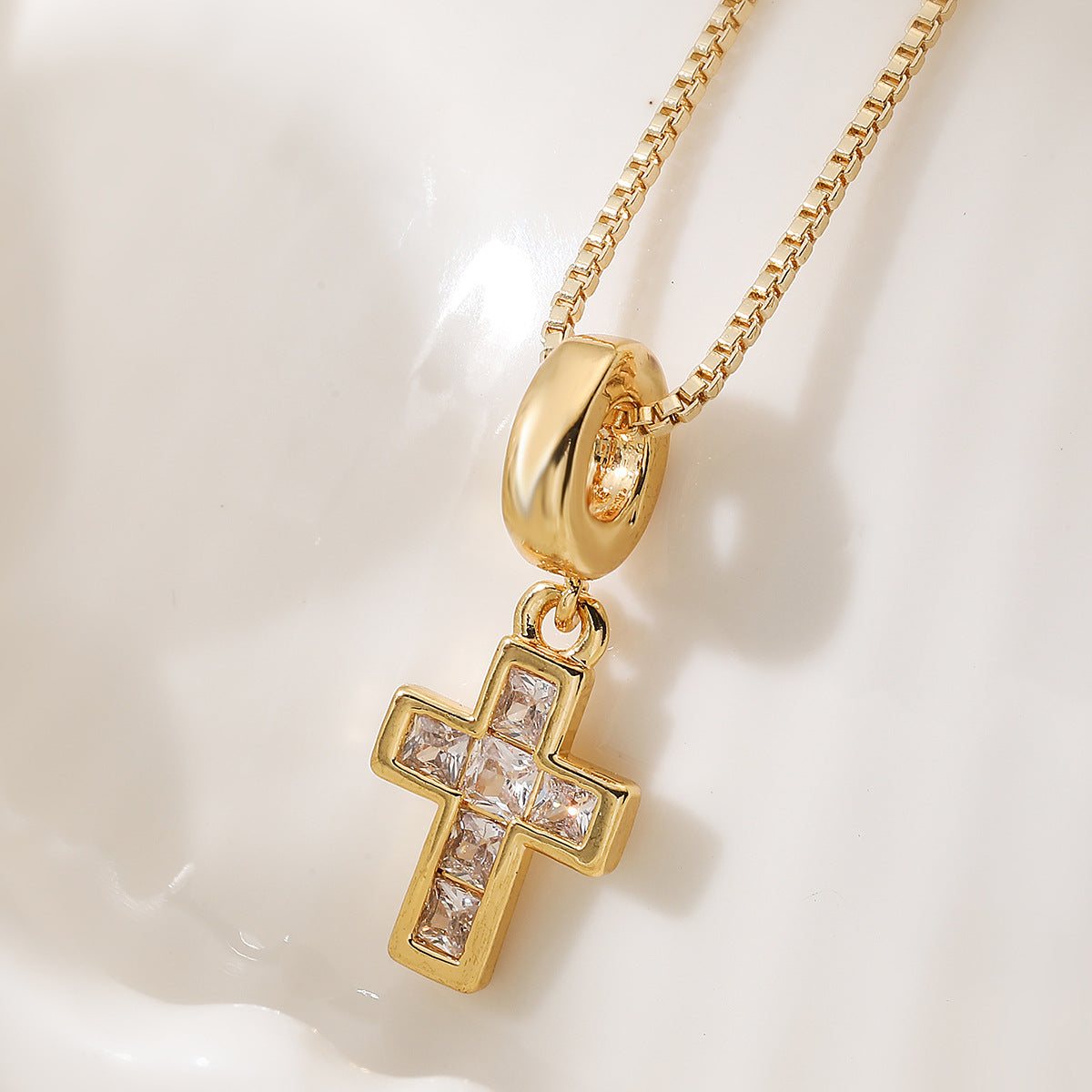 Minimalist Gold Plated Brass Cross and Heart Cubic Zirconia Pendant Necklace for Women