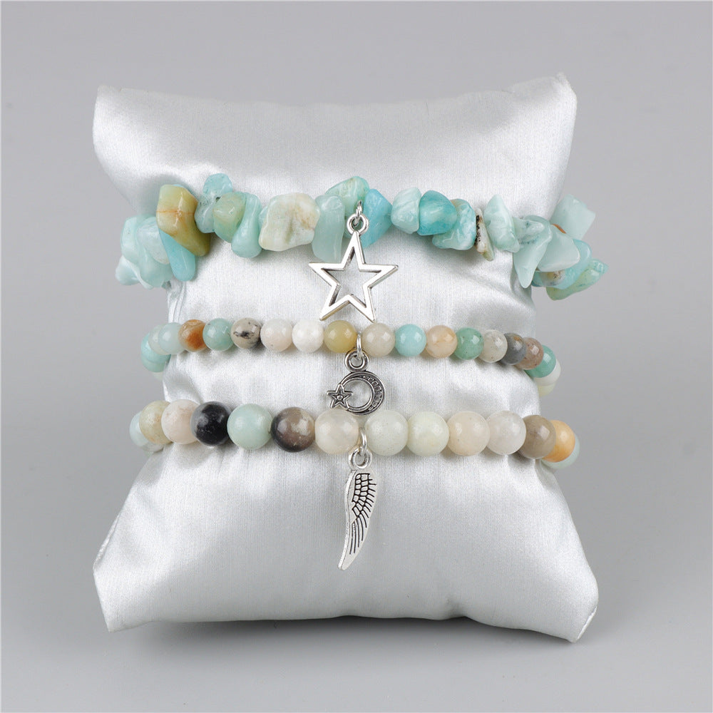 Vintage Amethyst Crystal Chip Beads Bracelet with Star Moon Pendant Geometric Irregular Stone Elastic Multi-Layer Bracelet for Women