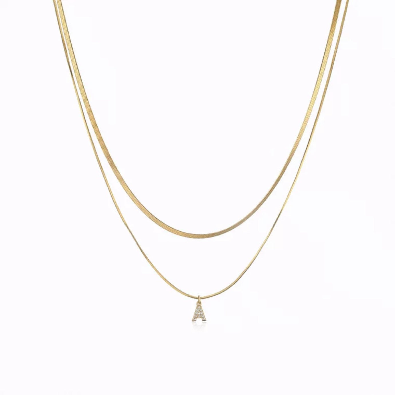 Collana a doppia catena minimalista in acciaio al titanio con intarsio di strass e ciondolo a forma di lettera, unisex