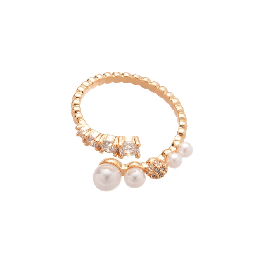 Anillo de Perlas Geométrico Minimalista Elegante con Incrustaciones de Circones para Mujer, Accesorio de Moda de Lujo para Uso Diario