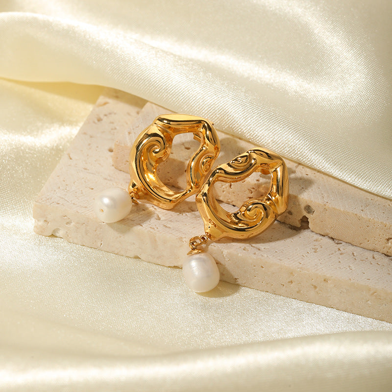 Vintage Luxe Stainless Steel 18K Gold Plated Asymmetrical Hollow Lava Geometric Pendant Earrings with Freshwater Pearl