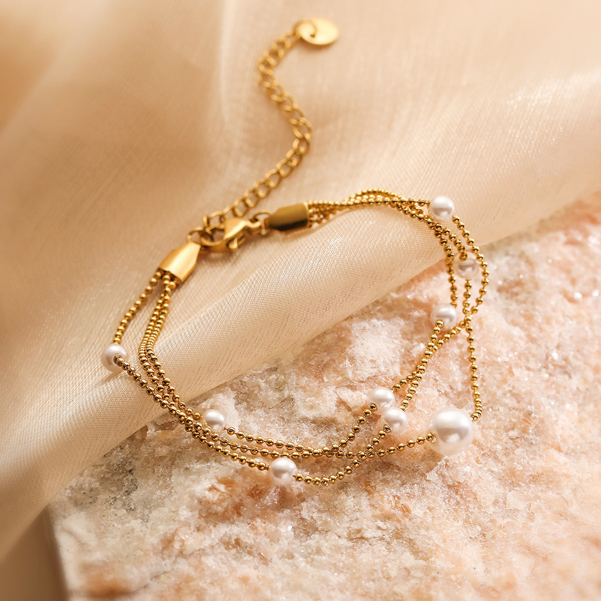 Minimalist Elegant 18K Gold Plated Stainless Steel Pearl Beaded Bracelet for Women Geometric Irregular Design