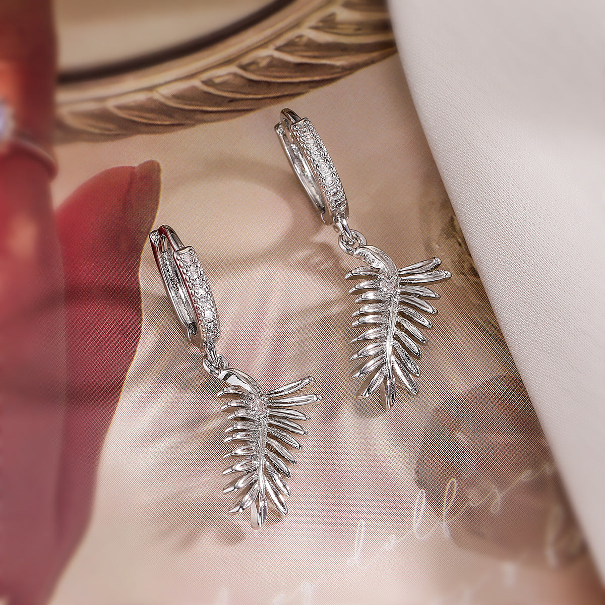 Minimalist Feather-Shaped Copper Pendant Earrings with Real Gold Plating and Zircon Inlay for Women