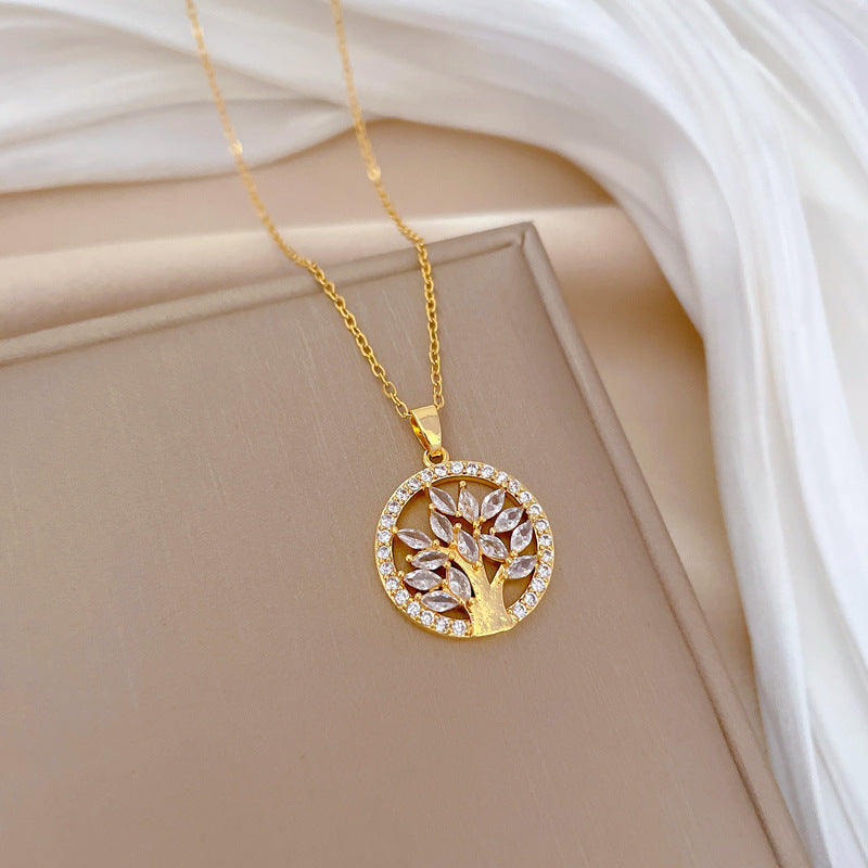 Collana con ciondolo Albero della Vita geometrico in acciaio al titanio di lusso da donna con intarsio in strass e catena in acciaio inossidabile