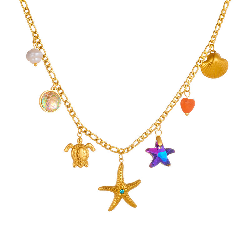 Elegant Colorful Fish Scale Star Animal Rhinestone Inlay Stainless Steel Pendant Necklace with Turtle and Shell Charms
