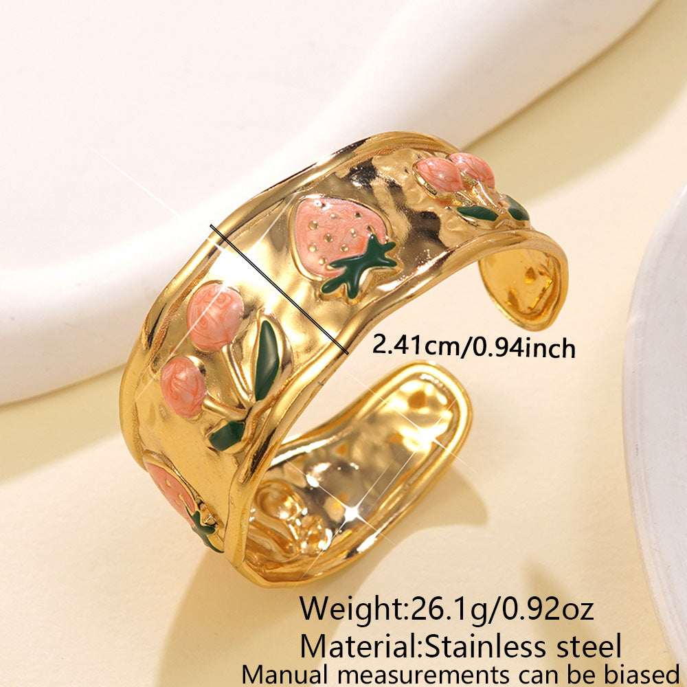 Drip Oil Stainless Steel Cherry Strawberry Open Cuff Bracelet
