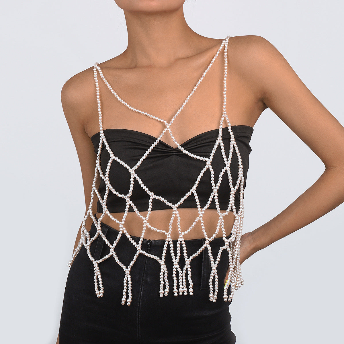 Catena per il corpo geometrica da donna con perle finte e perline in lega, gioiello artigianale in stile bohémien.
