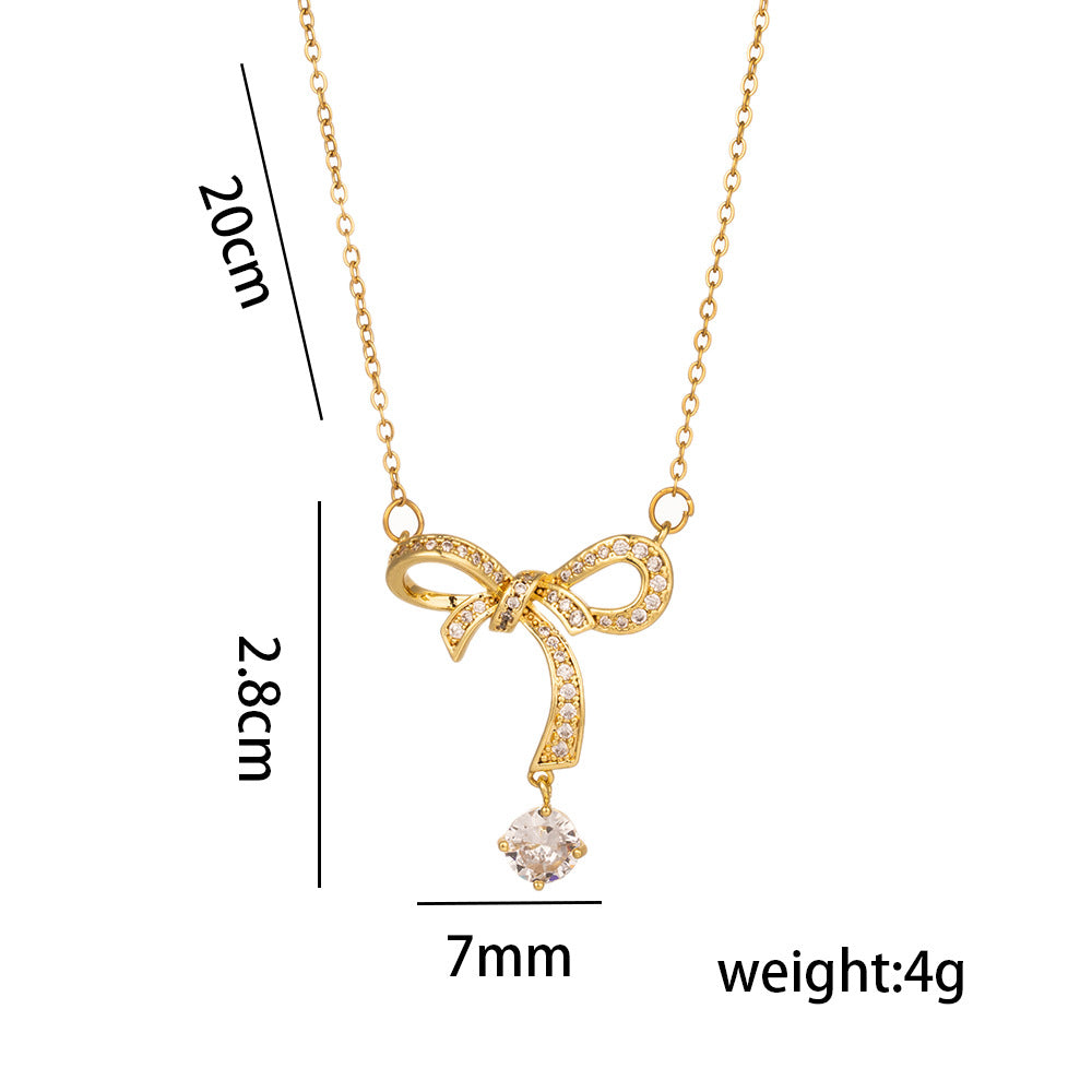 Minimalist Geometric Bowknot Pendant Necklace for Women in Titanium Steel with Rhinestone Inlay and Electroplated Finish on Snake Chain