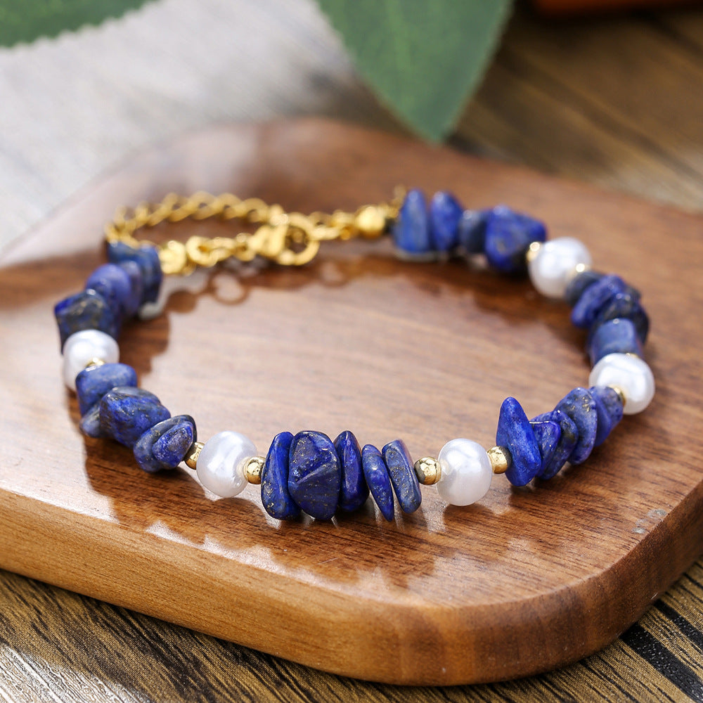 Geometric Style Lapis Lazuli and Freshwater Pearl Bracelet in Stainless Steel for Women and Men