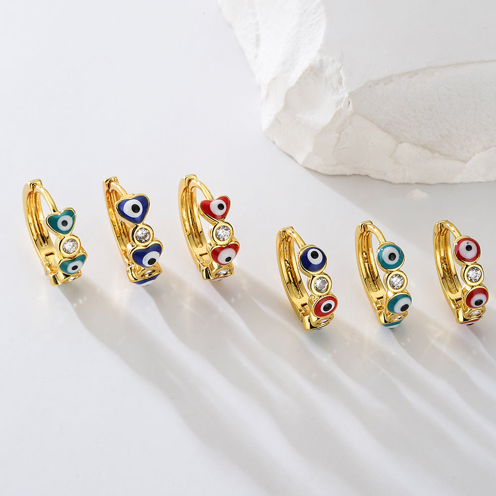 Geometric Demon Eye Earrings for Women with Copper Base Plated in Real Gold and Micro-Paved Zirconia with Enamel Finish