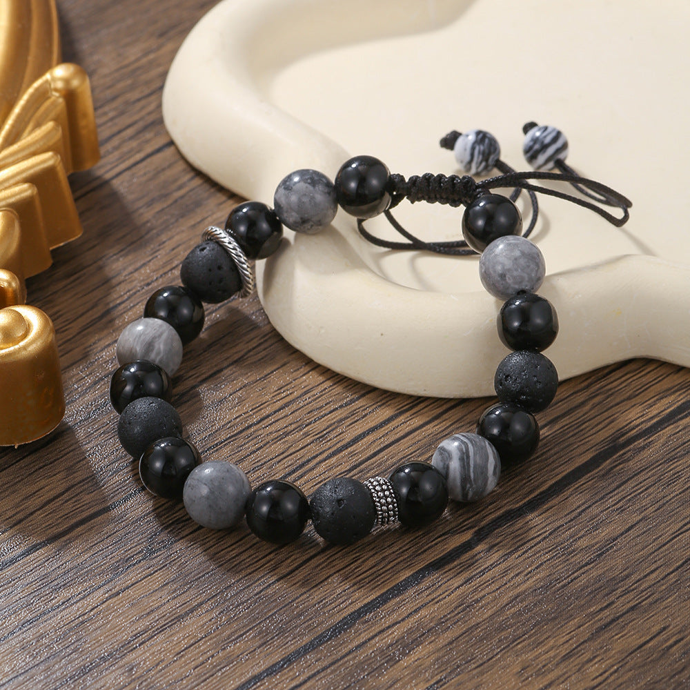 Geometric Black Agate and Brass Beaded Bracelet with Cubic Zirconia Inlay