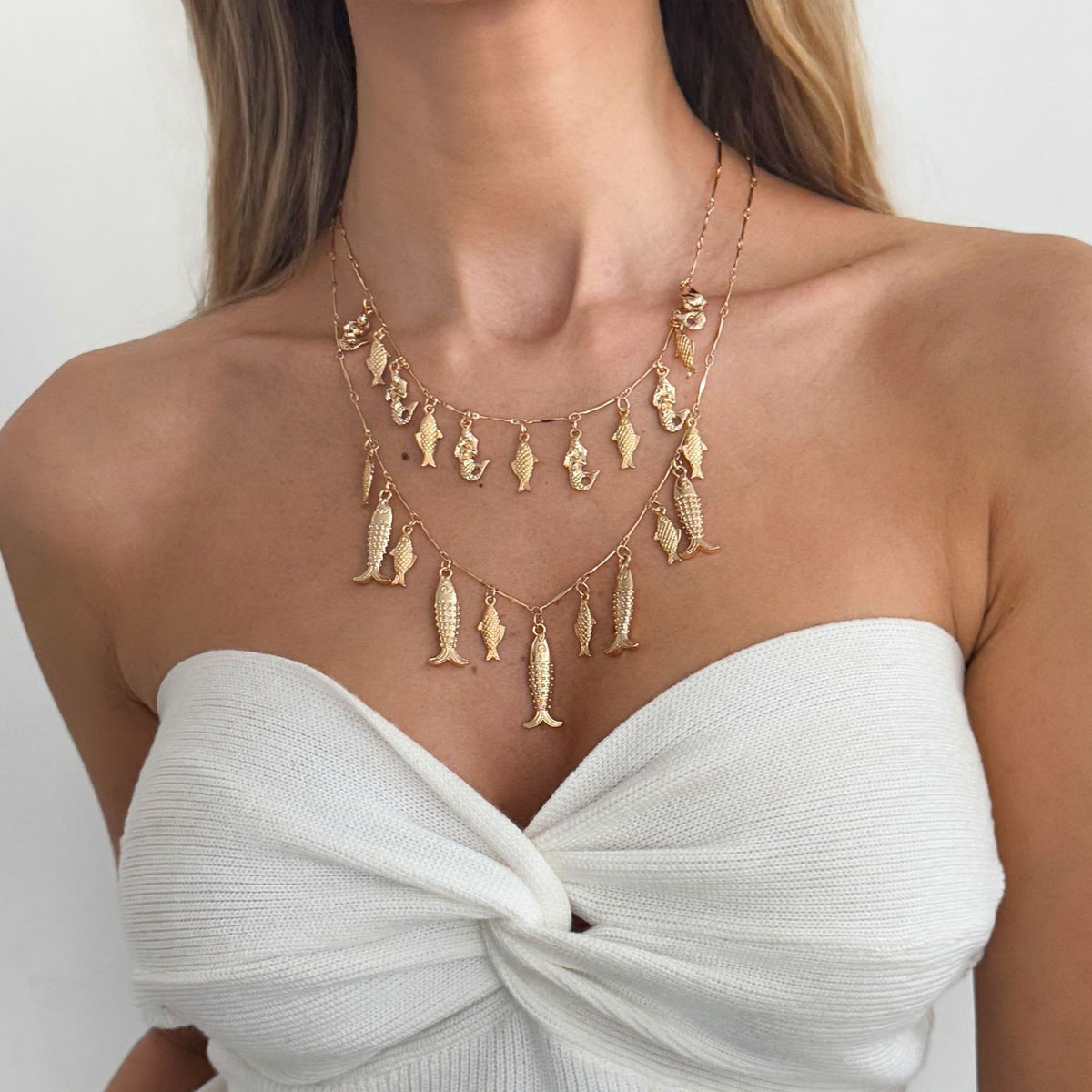 Sweet Plated Zinc Alloy Fish Pendant Necklace Layered Cable Chain for Women