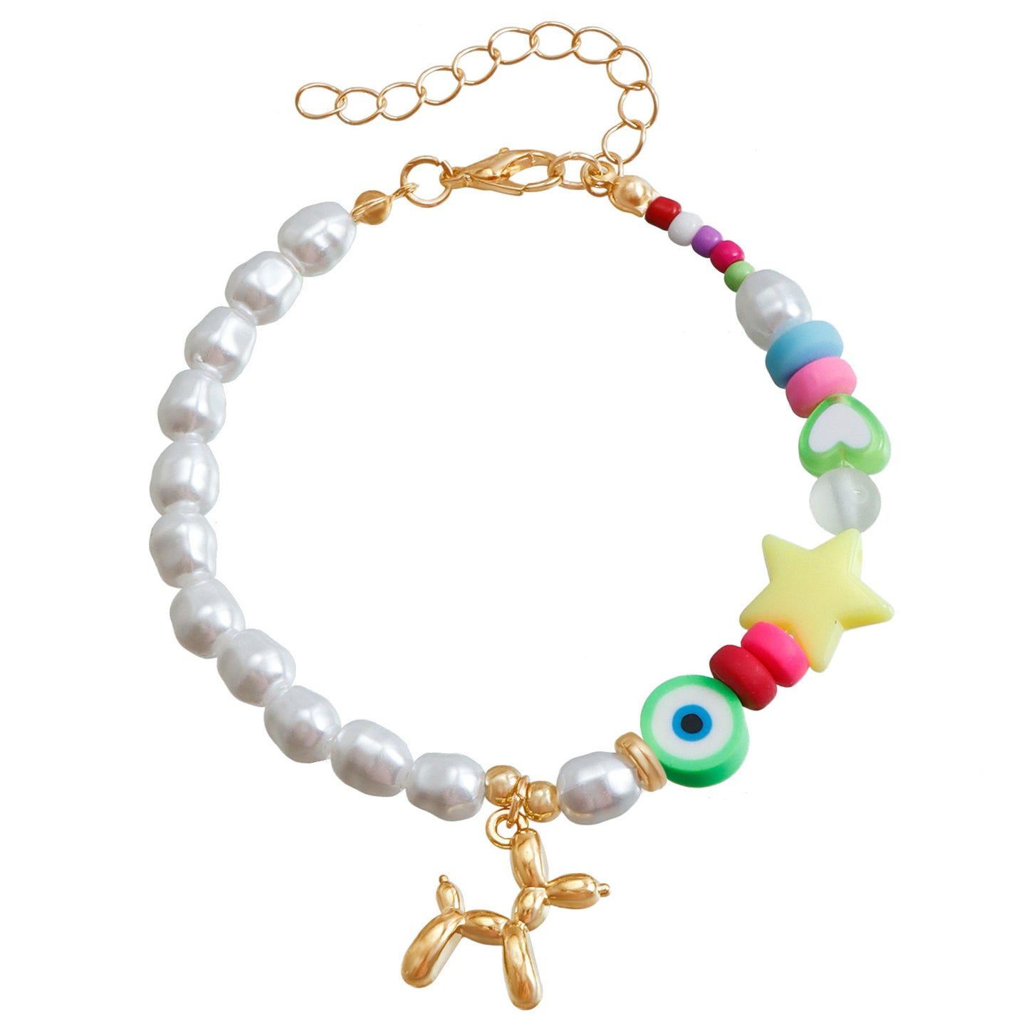 Ins Style Cute Balloon Dog Pendant Beaded Bracelet for Women with Plated Metal and Imitation Pearl Accents