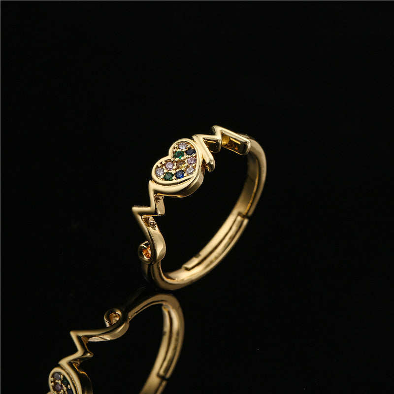 Sweet 18K Gold Plated Geometric Heart Micro-inlaid Brass Ring for Women