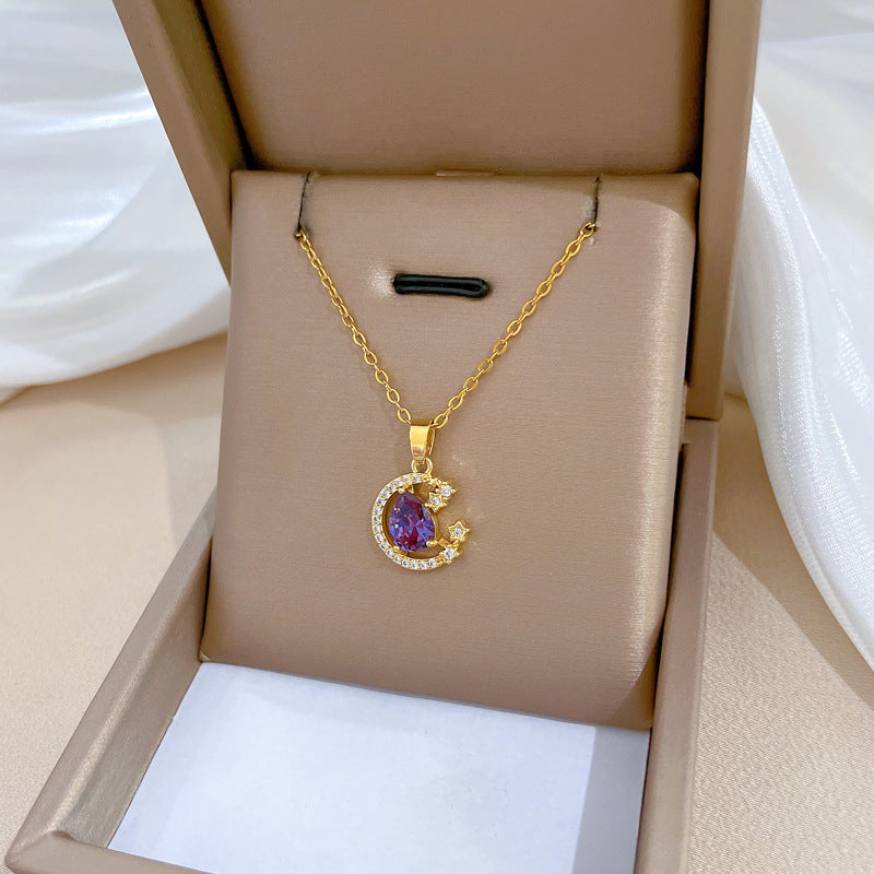 Minimalist Moon-Shaped Pendant Necklace in Titanium Steel with Rhinestone Inlay for Women and Men