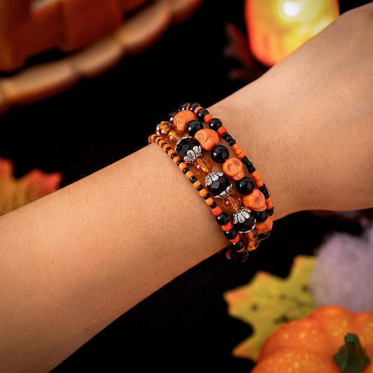 Gothic Skull Beaded Bracelet Red and Black Contrast Cartoon Pattern Glass Ball Chain Unisex