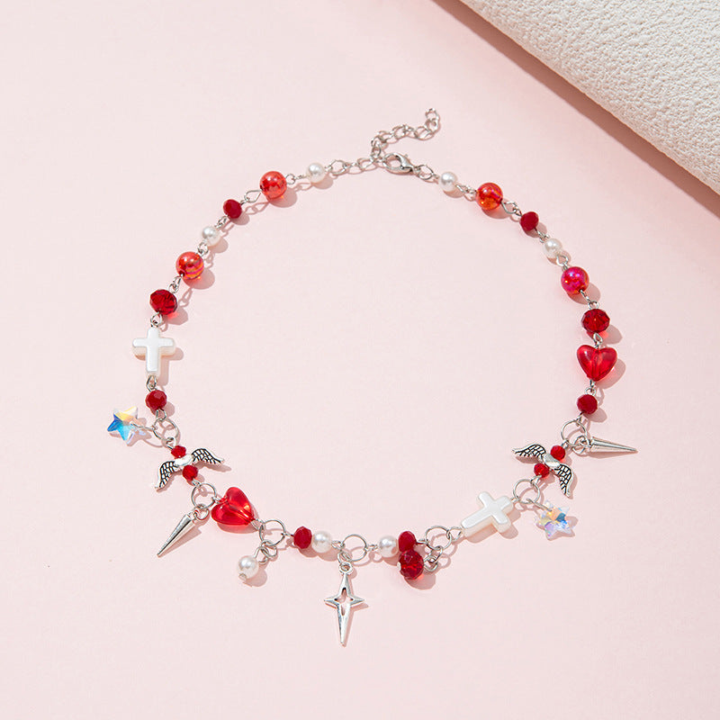 Collana con perline di vetro fatte a mano a forma di fiocco per bambine con ciondolo in lega, stile fresco e dolce