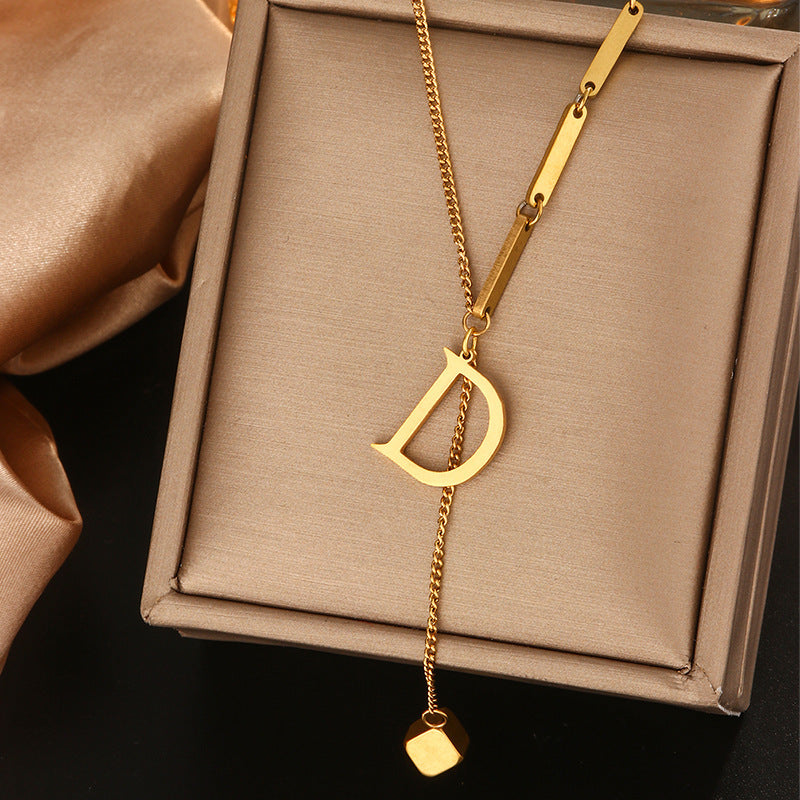 Minimalist Titanium Steel Letter Pendant Necklace with Tassel for Women