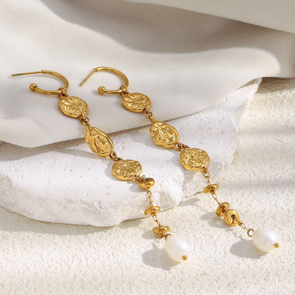 Minimalist Geometric Stainless Steel Earrings with 18K Gold Plating, Hammered Texture, Long Tassel Design, and Pearl Accents for Women