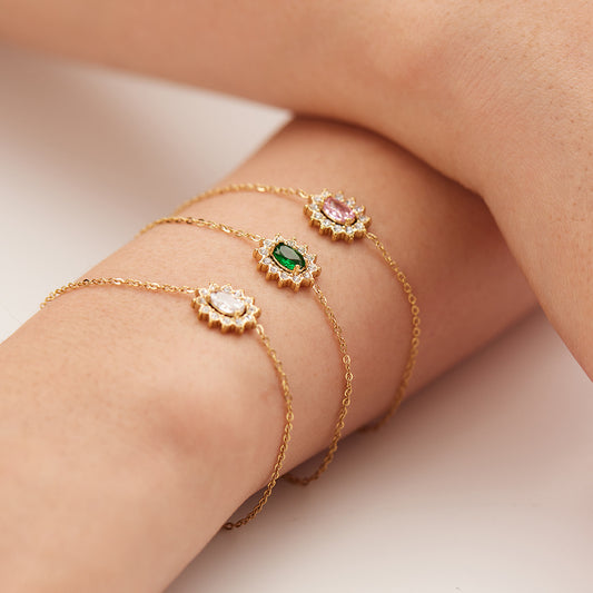 Pulsera de Acero Titanio para Mujer con Cristales de Zirconia Esmeralda Vintage, Forma Geométrica y Chapado al Vacío en Oro de 18K