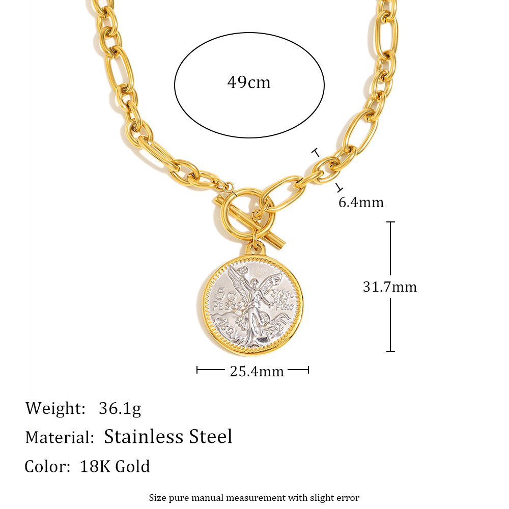 Collana Vintage con Moneta a Forma di Angelo Geometrico da Donna in Acciaio Inossidabile Placcato Oro 18K