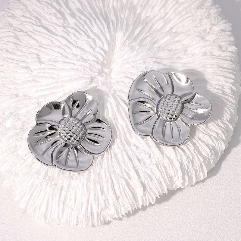 Fashion 18K Gold Plated Stainless Steel Floral Stud Earrings for Women