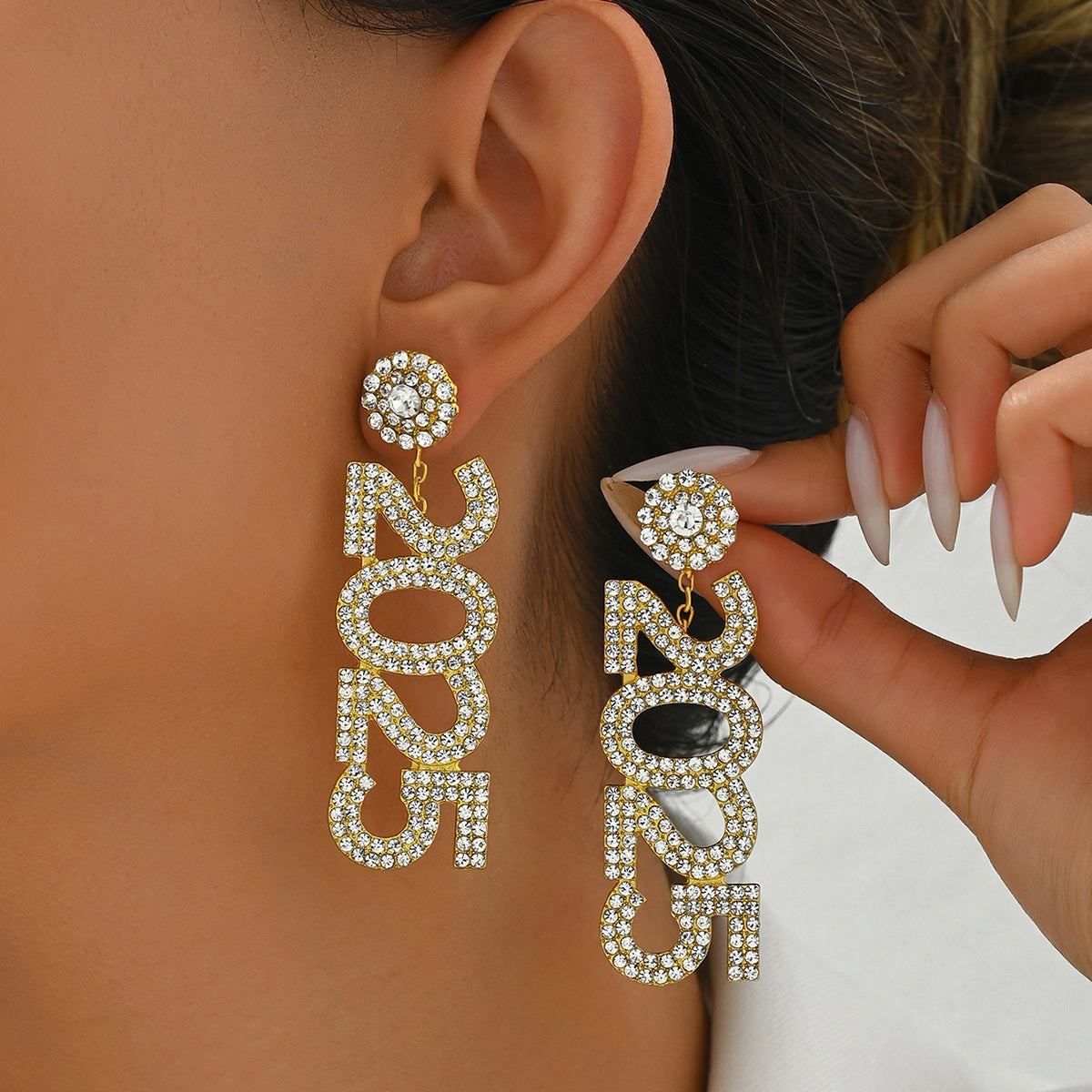 Pendientes minimalistas de tuerca con números geométricos para mujer en cobre con incrustaciones de diamantes de imitación, joyería de oficina a la moda.