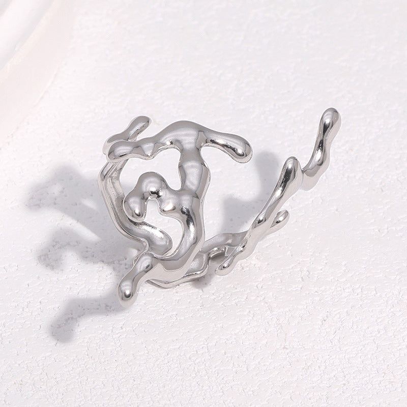 Anello aperto regolabile in acciaio inossidabile a tema floreale di corallo, minimalista, da donna, con finitura galvanica