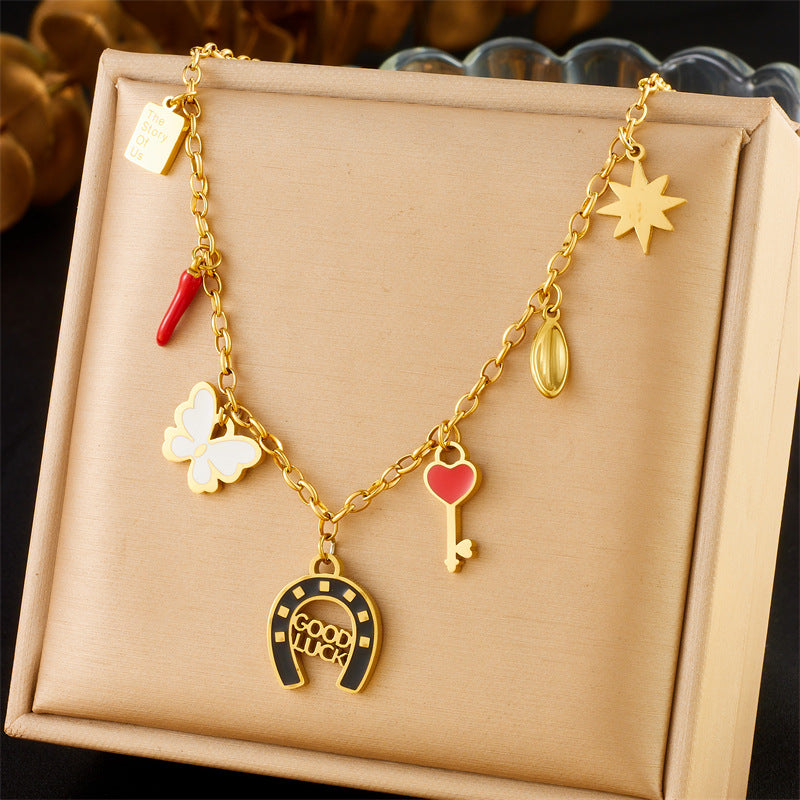 Sweet Cartoon Round Hollow Drip Oil Elephant Pendant Stainless Steel Necklace for Women