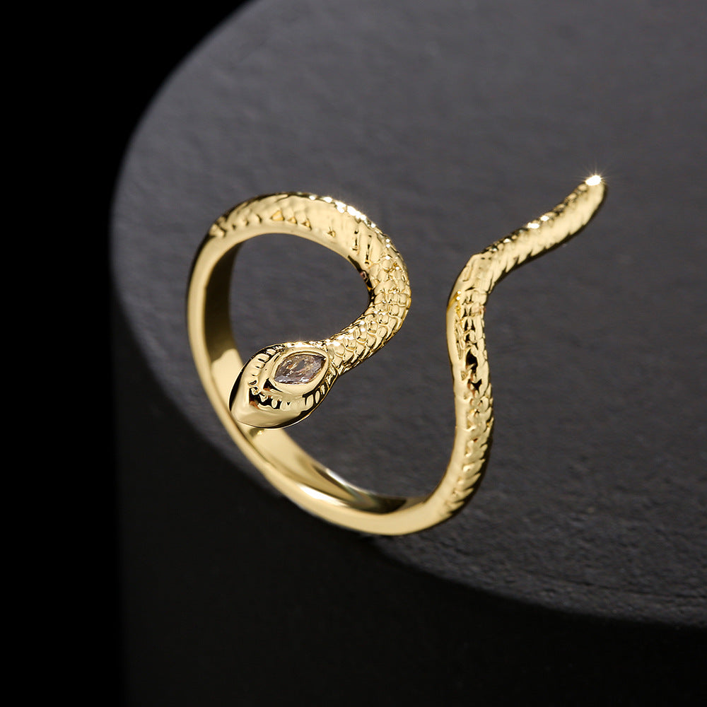 Anello Aperto a Serpente Geometrico Minimalista Placcato Oro 18K Rame con Zirconi Micro Incassati da Donna