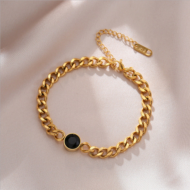 Bracciale Minimalista Punk Vintage in Acciaio al Titanio con Accenti di Strass Neri Sfaccettati Tondi e Design a Maglia Serpente
