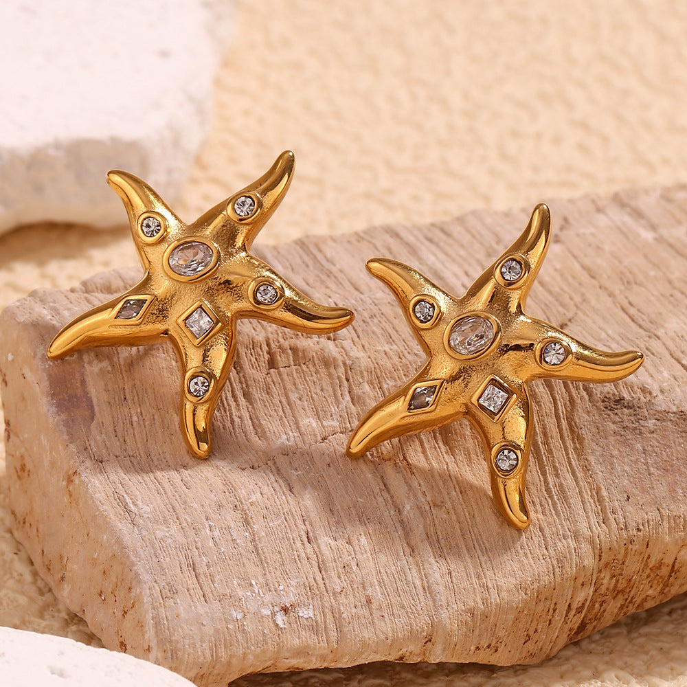 Orecchini a perno a forma di stella irregolare geometrica d'ispirazione vintage in acciaio inossidabile placcato oro 18K con strass