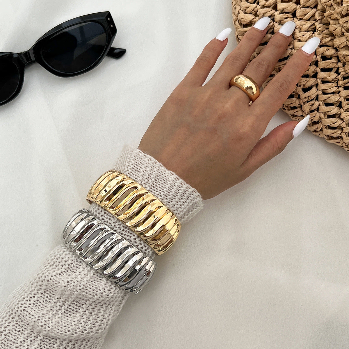 Twisted Water Wave Plated Zinc Alloy Spring Bangle Bracelet