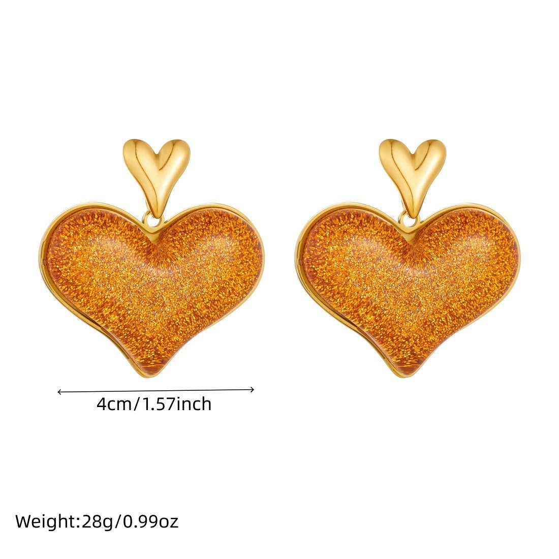 Exaggerated Streetwear Gold Plated Stainless Steel Heart Earrings with Brown Glitter