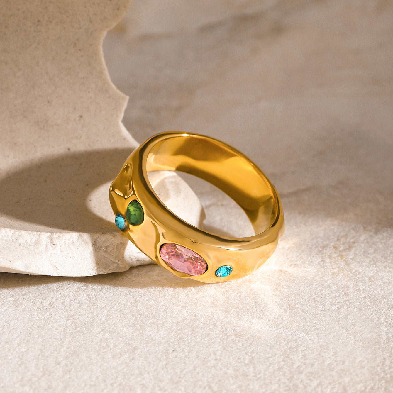 18K Gold Plated Geometric Stainless Steel Ring with Pink Blue and Green Cubic Zirconia