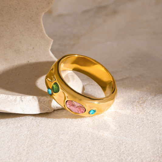 18K Gold Plated Geometric Stainless Steel Ring with Pink Blue and Green Cubic Zirconia